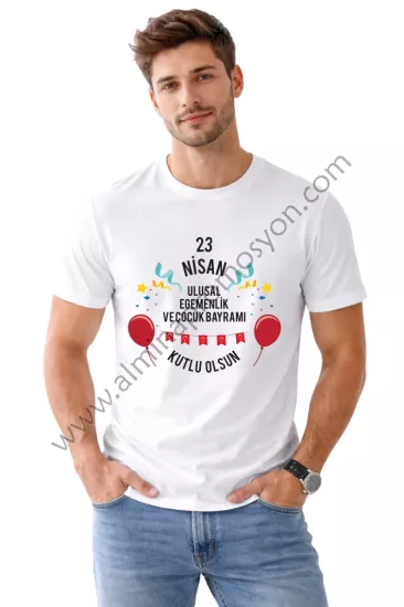 Ucuz 23 Nisan Baskılı Beyaz Erkek Tişört