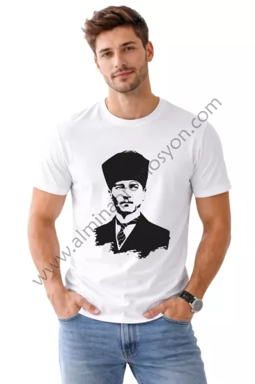 Promosyon Ucuz Atatürk Baskılı Beyaz Erkek Tişört