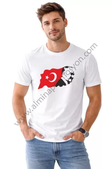 Toptan Bayrak Atatürk Baskılı Beyaz Tişört