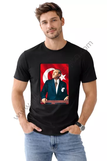 Toptan Atatürk Portre Baskılı Siyah Erkek Tişört